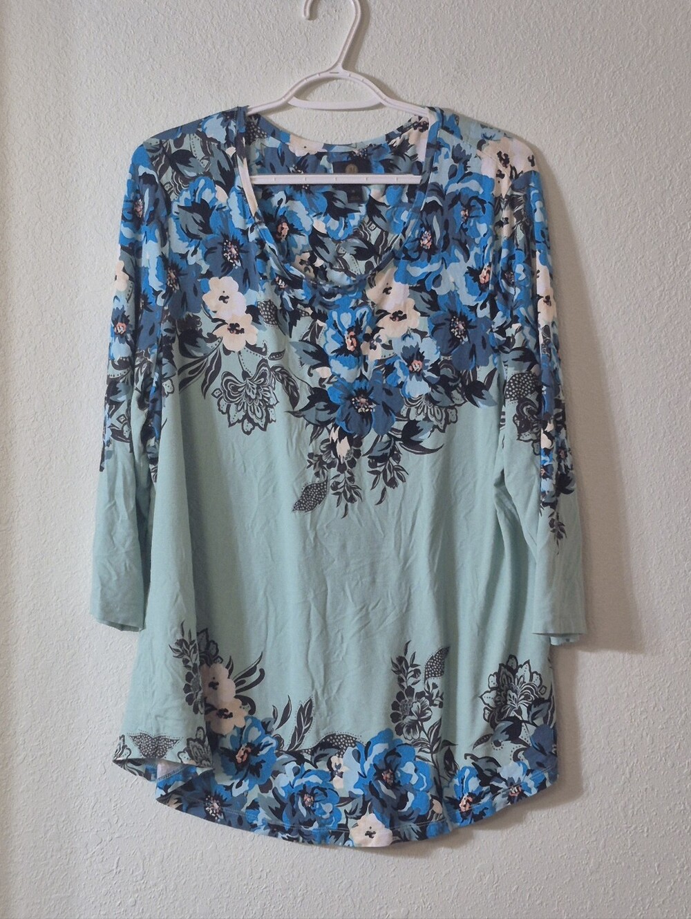 JM Collection Light Teal Floral Scoop Neck 3/4 Sleeve Tunic
